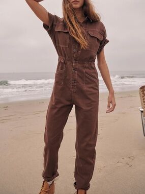 We The Free Marci Coverall Jumpsuit Size XS Brown Utility Button Front Casual